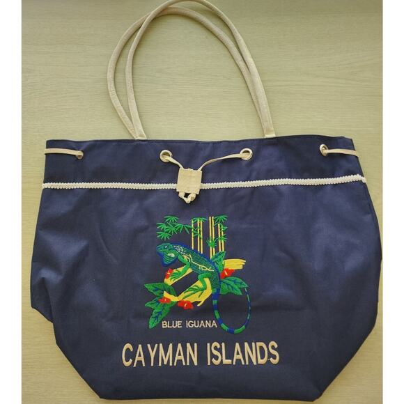 CANVAS TOTE-CAYMAN ISLANDS-BLUE IGUANA-Embroidered-Dark Blue-Beach Bag - Picture 4 of 16